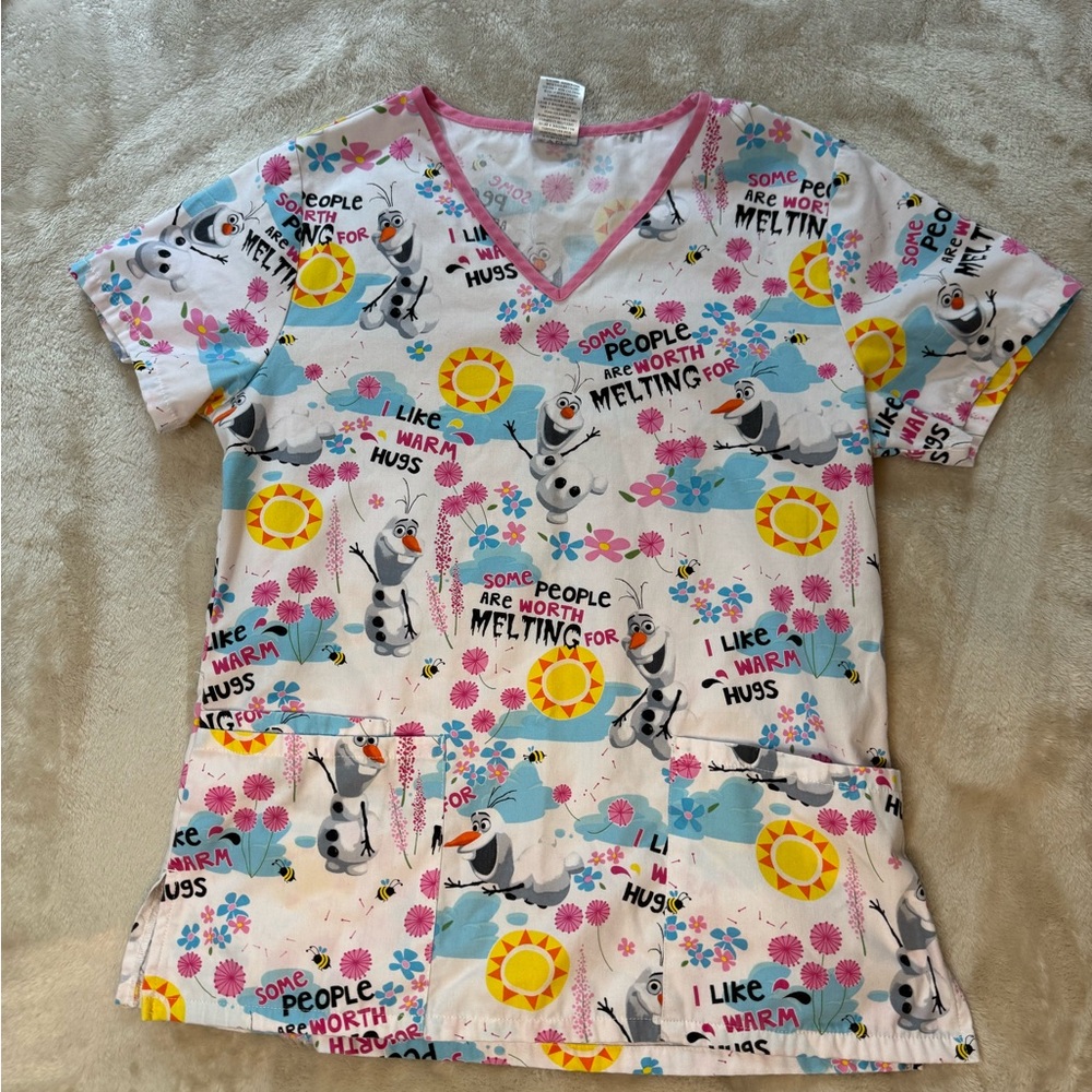 Disney Pink and White Olaf Scrub top